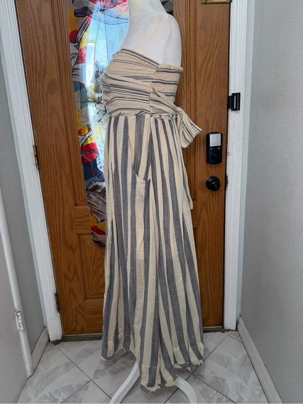 Free People Striped Strapless Maxi Dress Tie Waist Boho Coastal Size M